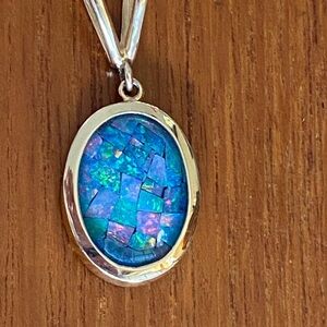 14K Yellow Gold Opal Mosaic Pendant, Opal Chips form a Oval Shaped Pendant